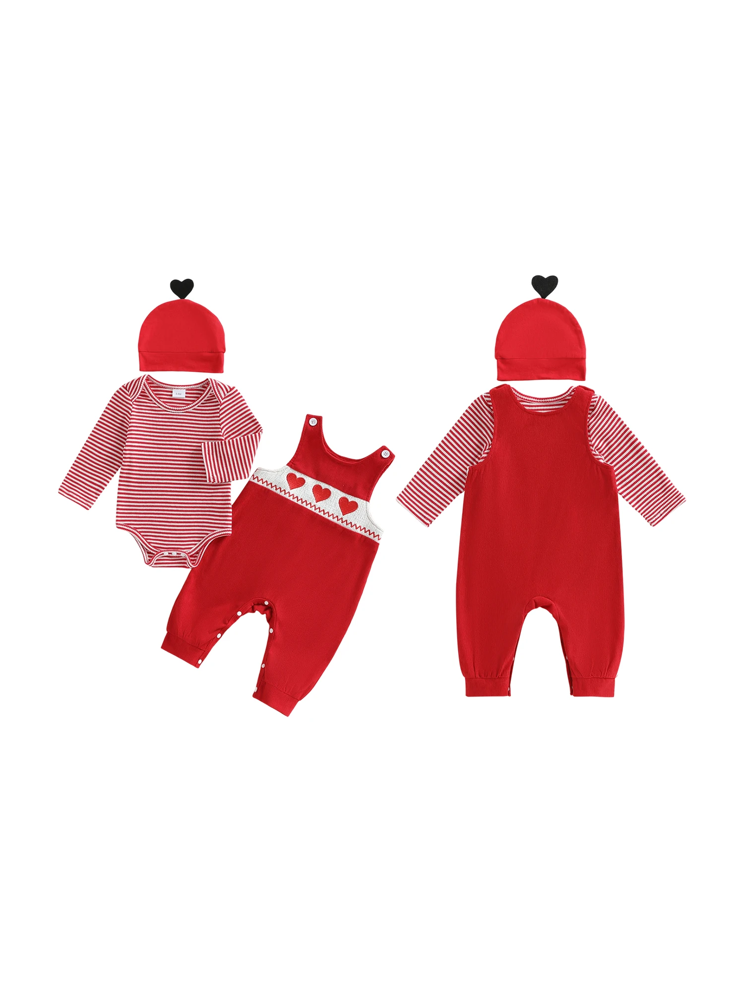 Baby Boy Valentine s Day Outfit Long Sleeve Striped Romper with Heart Embroidery Overalls Pants and Hat Set for Infants