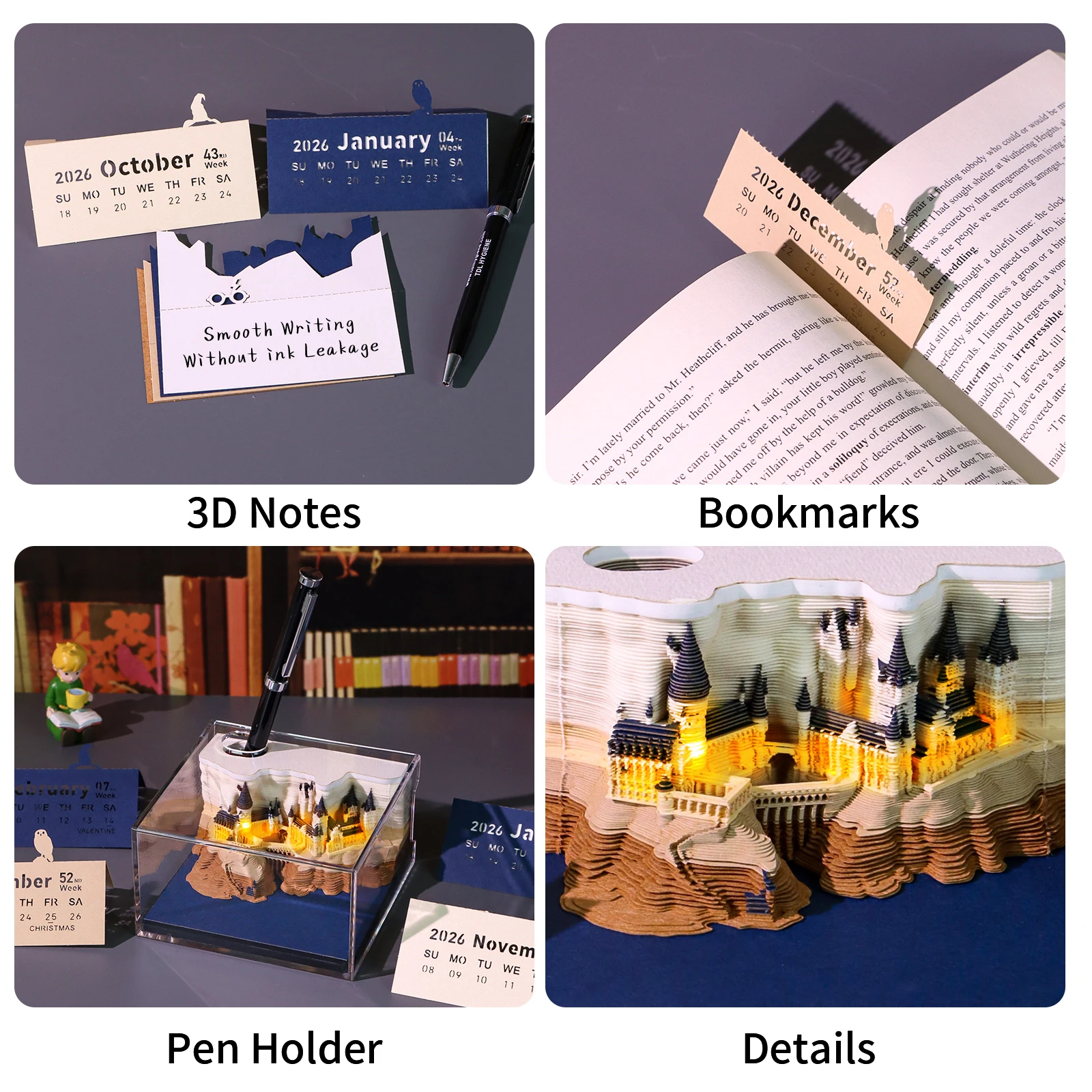 Time Piece Calendar 2026 Desk Calendar With Light 3D Magic Castle Weekly Calendar Paper Carving Art Memo Pad Notepad Xmas Gifts