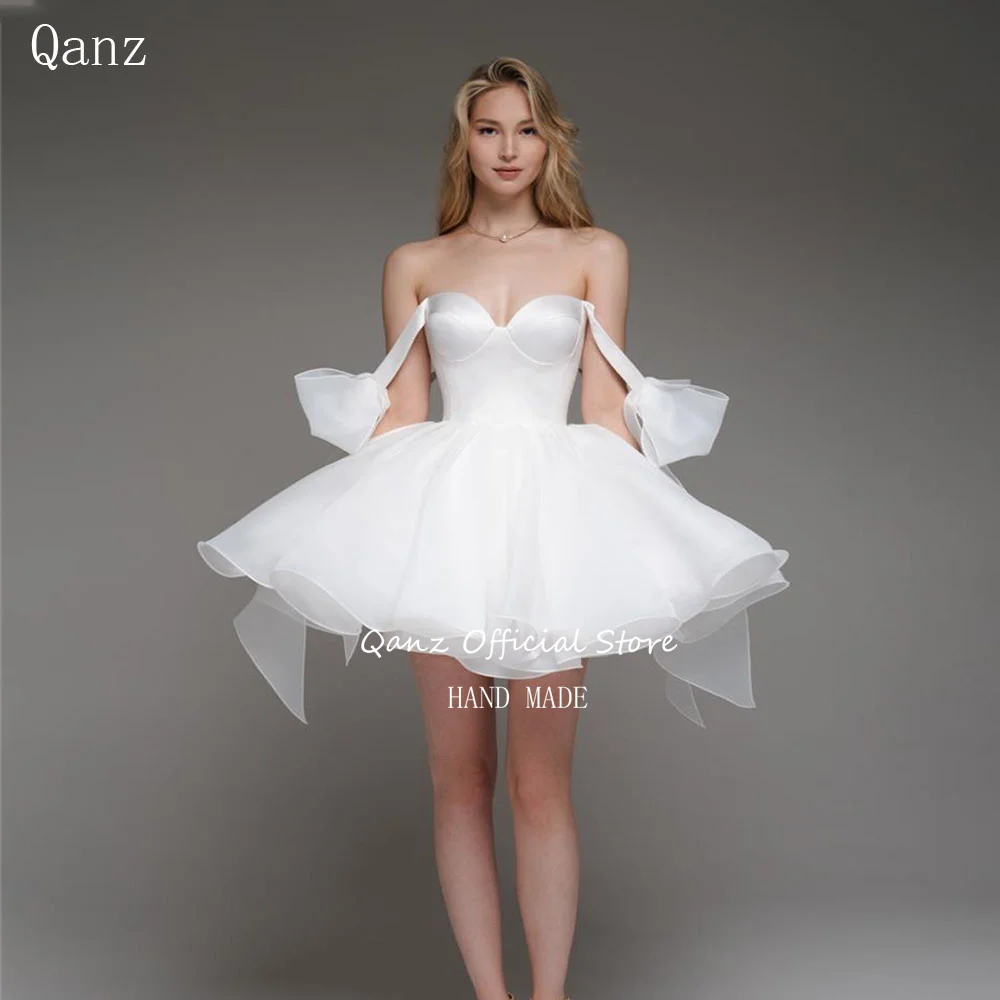 

Qanz White Organza Wedding Dress Bow Straps Short A Line Sweetheart Party Dresses Lace Up Back Plus Size Vestido Blanco De Boda