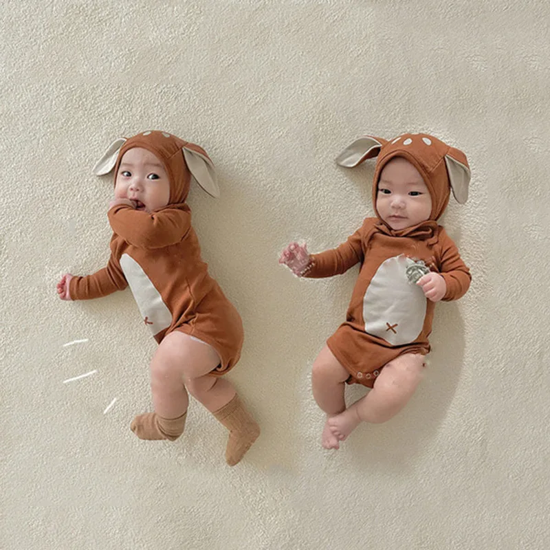 Adorable Baby Sika Deer Romper Hat 2pcs Sets Brown Infant Boy Girl Bodysuit Cap Clothing Outfits Long Sleeve Autumn Spring 3