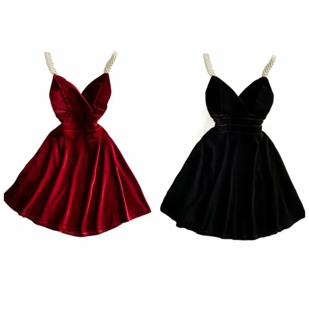 Elegant Pearl Strap Velvet Slim Sling Dress High Waist V-neck Velvet Princess Dress Sleeveless Thin Chelly Gold Dress Summer