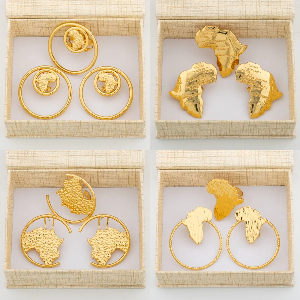 Earrings and Ring Jewelry Set with Gift Box African Gold Color Clip Earrings with Finger Ring Weddings Bride Jewelry Accessories