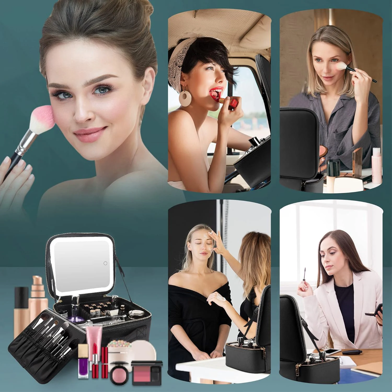Makeup Organizer with Mirror Light 3 Adjustable Brightness Travel Train Case Cosmetic Bag Portable Storage Partition Waterproof 4