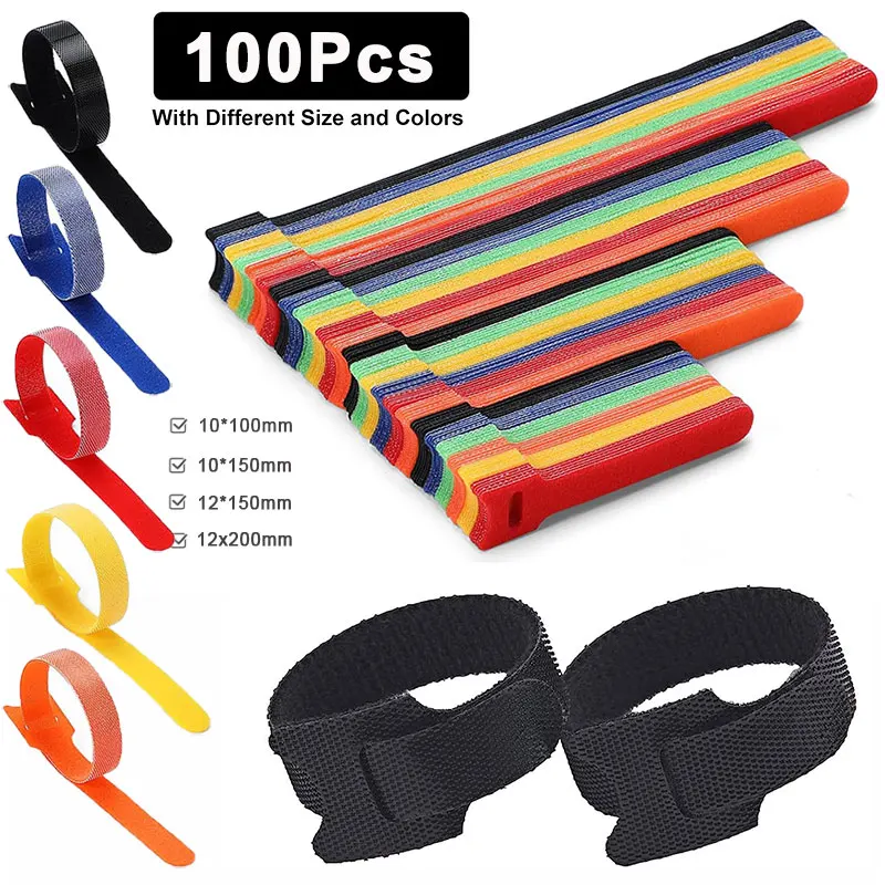 100PCS 10/15/20cm Cable Ties Reusable Fastener Hook and Loop Tape Multi-Colour T-Type Wire Tie Adjustable Cable Straps Organizer