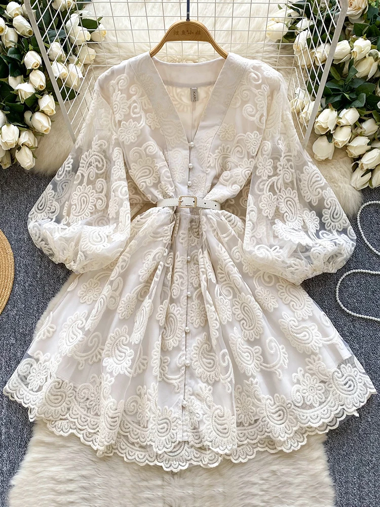 Summer French Sweet V-neck Dress Women's Lantern Sleeves Embroidered Waist  Single Breasted A-line Mini Elegant Party Dress C187 - AliExpress 200000345