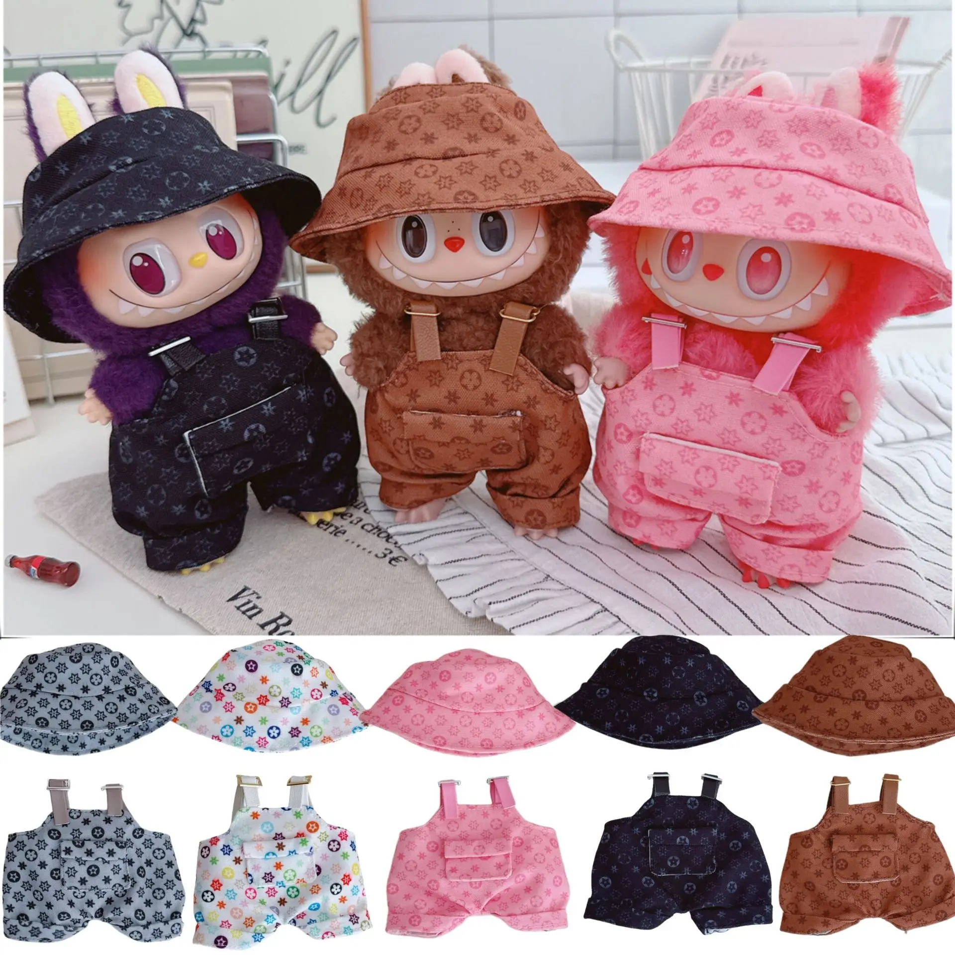 For 17cm Labubu Luxury Clothing Trendy Fisherman Hat Overalls Set V1 V2 V3 Labubu Clothes outfit Doll Accessories DIY Toys 1