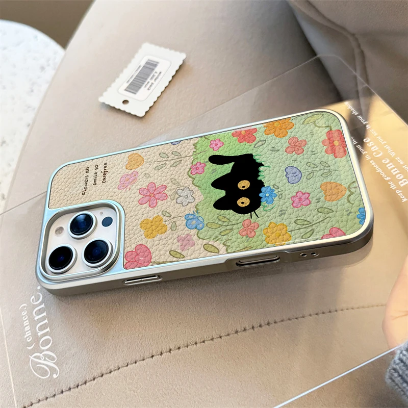 Leather Texture Phone Case - Cat in the Flower Bed Design