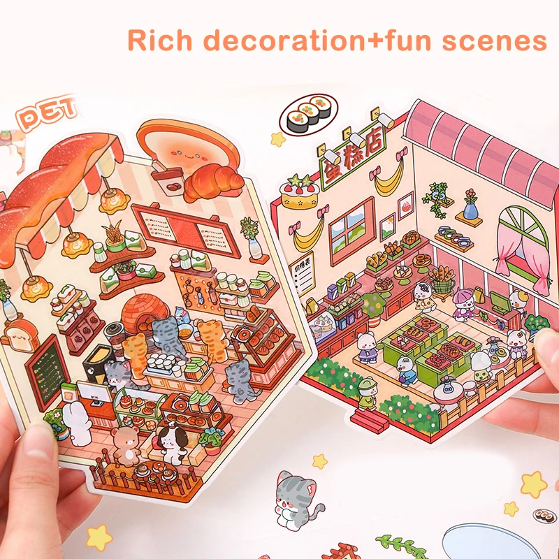 1Set Cute 3D Stereoscopic Landscape Stickers Cartoon Mini Scene Stickers Pocket Visualization Stacking Cabin Scene