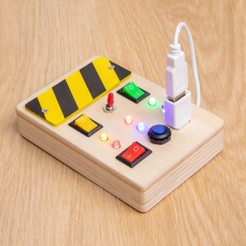 

Montessori Baby Wooden Toys Toddlers Busy Board with Light Up LED Buttons Pluggable Wires Sensory Educational Toys for Kids Gift