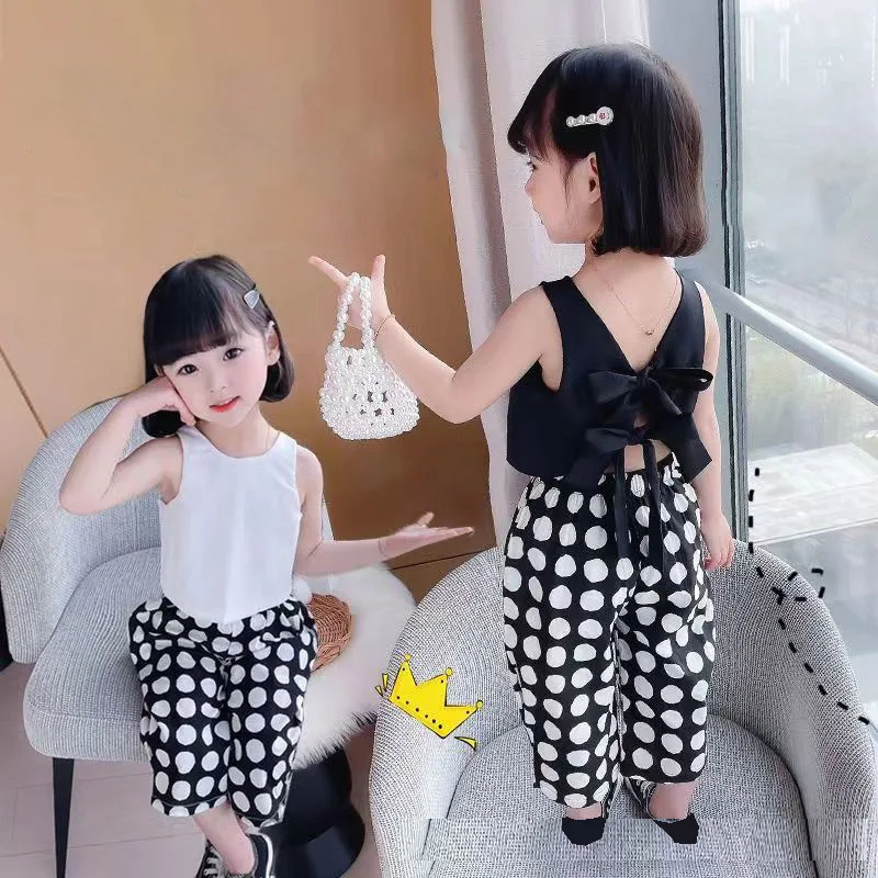

Girls Summer Chiffon Bows backless clothing set Sleeveless Blouse Sun-top &Polka Dot Pants Children Toddler Baby Korea Outfits