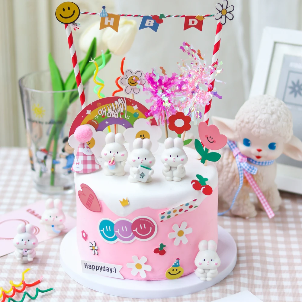 

Cute Cartoon Funny Rabbit Cake Topper Children's Day Baby Birthday Party Rainbow Smiley Bear Baking Supplies Add-In Decorations