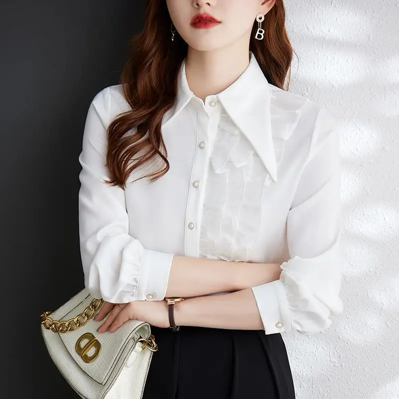 

Elegant Lapel Spliced Folds Ruffles Shirt Women's Clothing 2023 Spring Autumn New Oversized Casual Tops Office Lady Blouse