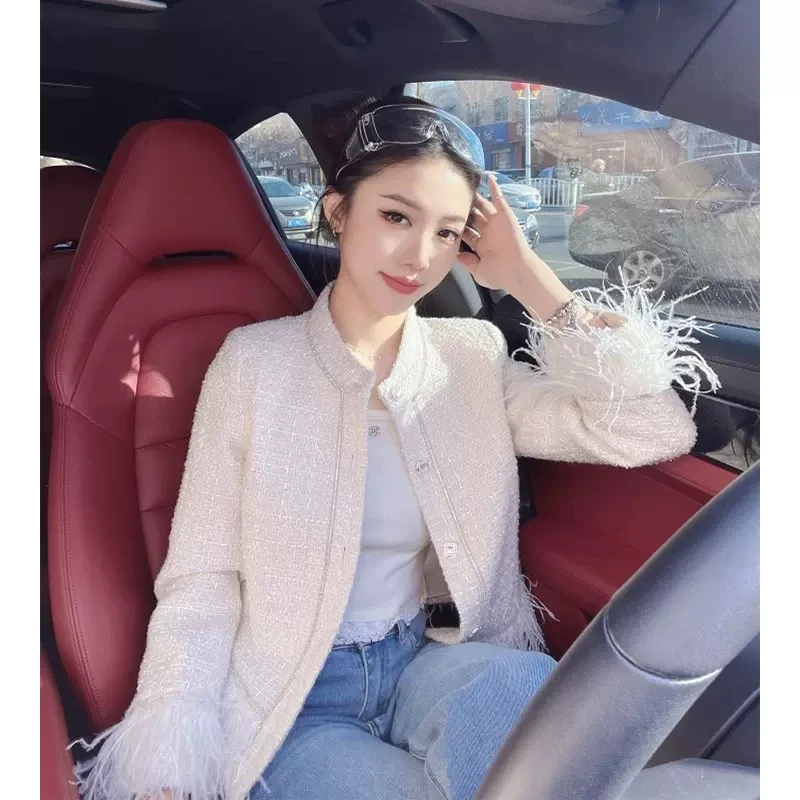 

Autumn New Women's White Pink Ostrich Hair Fragrant Short Jacket Runway Korean Fashion Woolen Short Coats Jaqueta Casacos