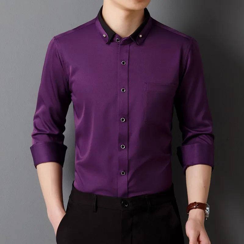 New-Men-Dress-Shirts-Long-Sleeve-Calssic-Formal-Business-Social-Solid ...