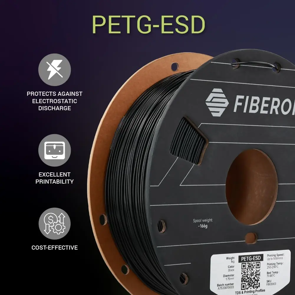 폴리메이커 파이버온 PETG-ESD 필라멘트 1.75mm 블랙 1kg ? 정전기 방지 안전, 강력한 PETG 3D 프린터 필라멘트