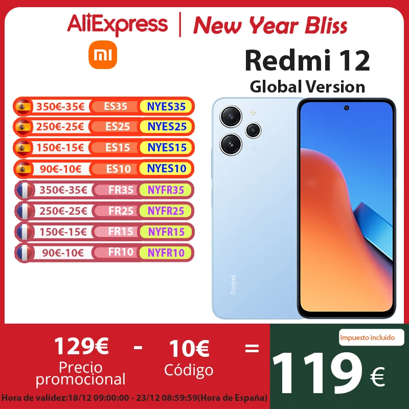 Versión Global Xiaomi Redmi 12 Smartphone IP53 Gran 5000mAh Batería 50MP Al Triple Cámara MediaTek Helio G88 90Hz FHD+ Pantalla