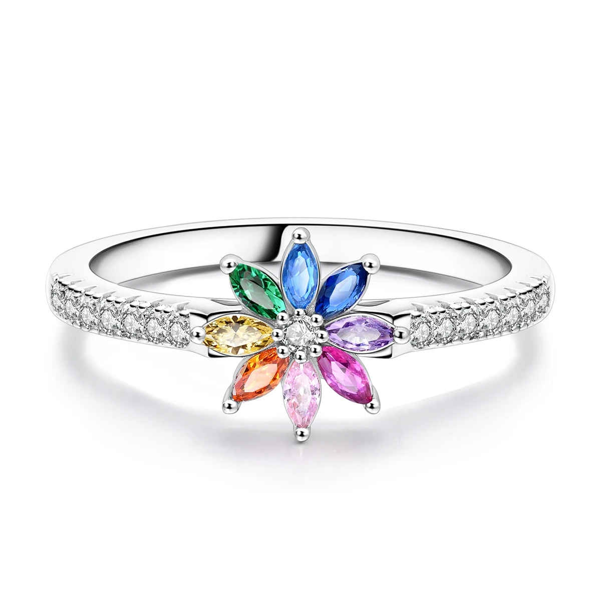 Colorful Rainbow Flower 925 Silver Engagement Ring for Women - Trendy Jewelry