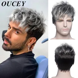 OUCEY Short Wigs for Men Daily Cosplay Wig Men Synthetic Straight Hair Men's Wig Gray Black Pixie Cut Wig With Bangs