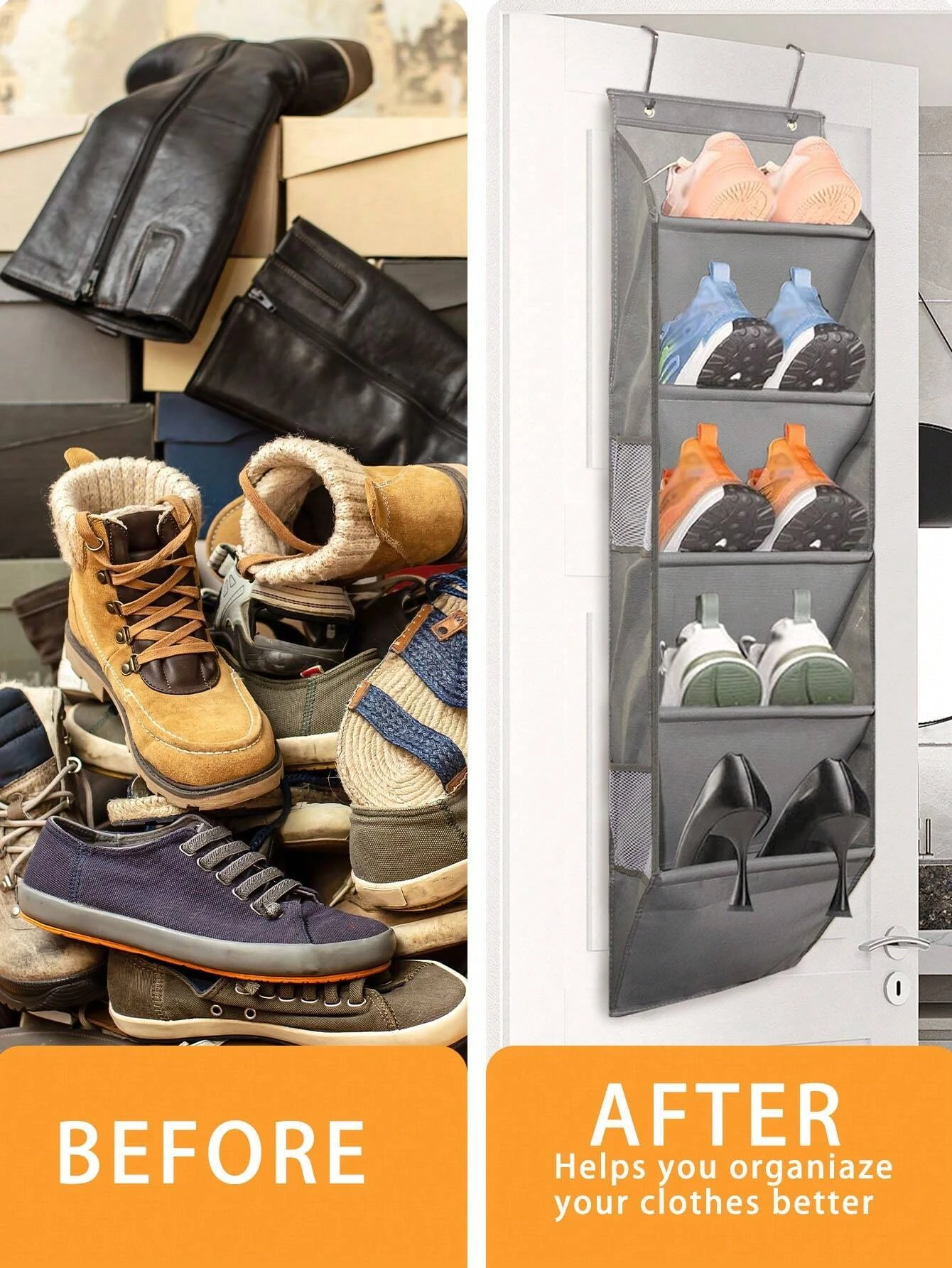 1pcs 5-Layer Over The Door Hanging Shoe Organizer, Gray Non-Woven Fabric Shoe Storage Hanging Bag,Hanging Shoe Rack 4