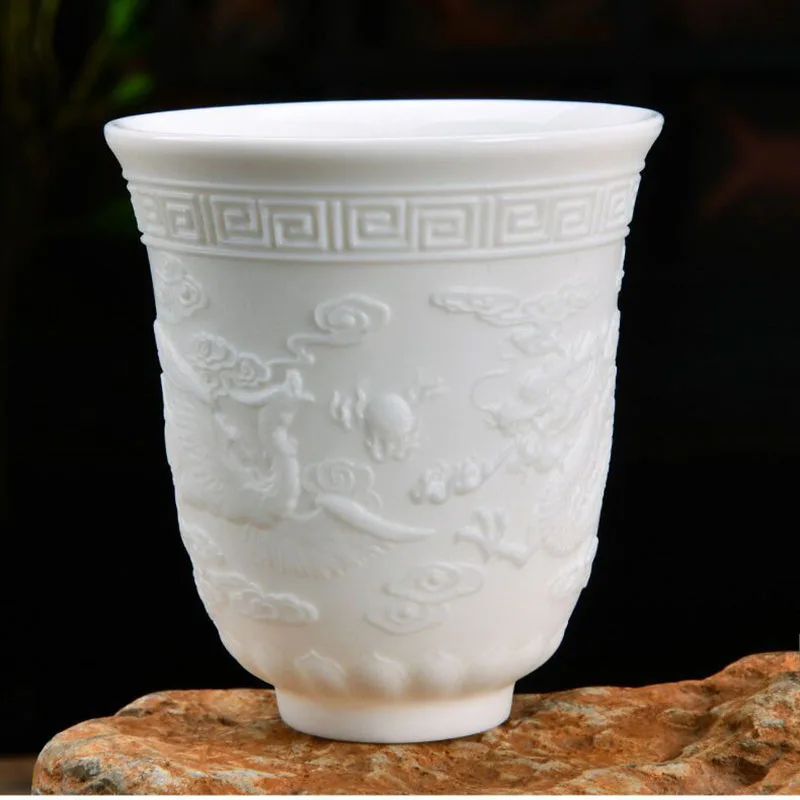 Boutique Suet Jade White Porcelain Teacup Three-dimensional Embossed Handmade Ceramic Tea Cup Travel Tea Bowl Master Cup