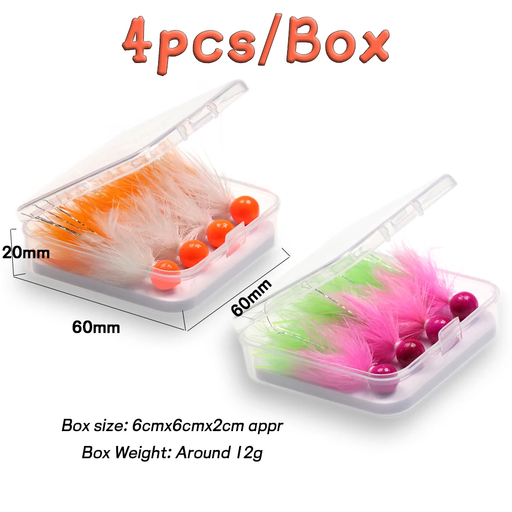 WIFREO 4pcs Weighted Metal Jig Hook Bugger Bait Mini Marabou Crappie Jig Pan Fish Ice Fly Winter Ice Fishing Lure Fast Sink