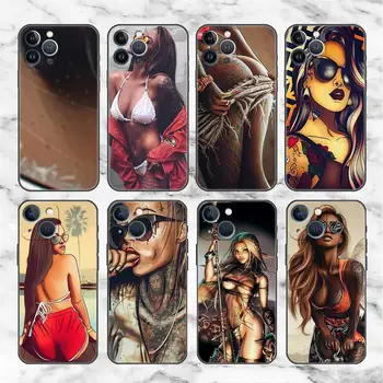 Coque de téléphone en silicone noir pour Apple iPhone, manchon sexy, tatouage fille, 11, 15, 13, 14 Pro Max, 12 Plus, X, 15Pro