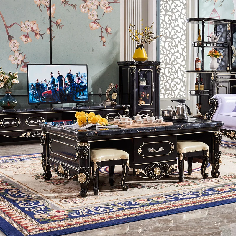 

Living room furniture European marble coffee table solid wood TV cabinet table and stool combination ebony coffee table