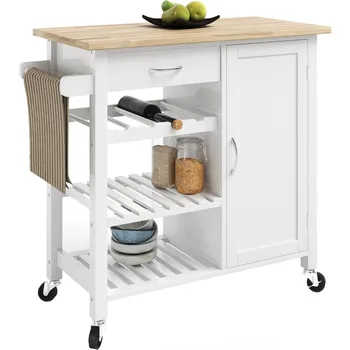 Kitchen Island with Towel Rack and Shelves for Storage – Rolling Cart to Use as Coffee Bar, Microwave Stand, or Kitchen Storage