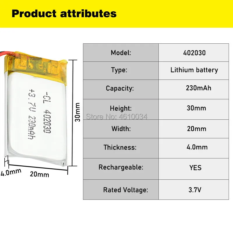 3.7v 230mAh li-ion Lipo cells Rechargeable Battery For Bluetooth GPS MP3 MP4 Recorder 402030