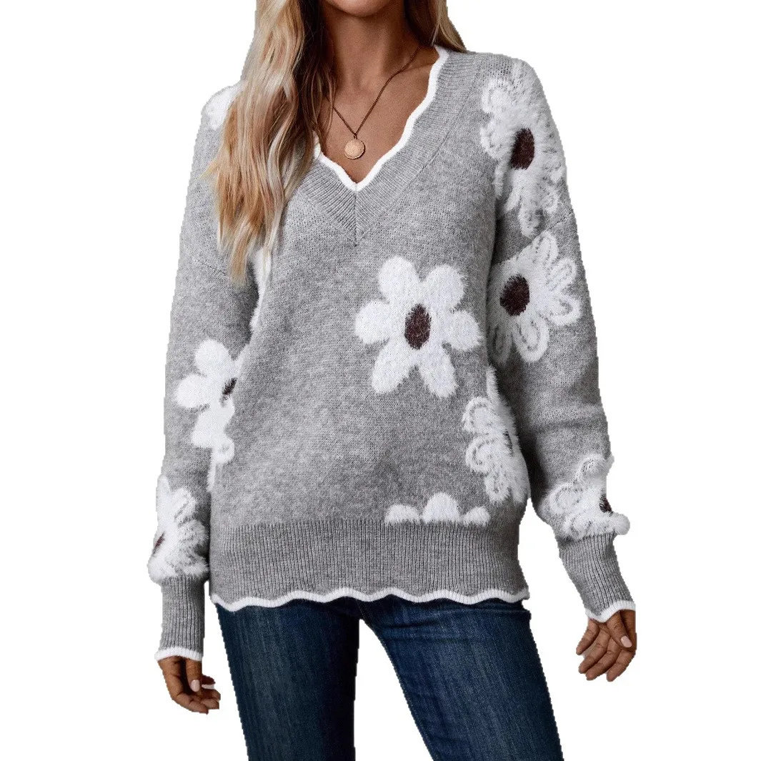 Women Floral Print Long Sleeve Knitted Sweater