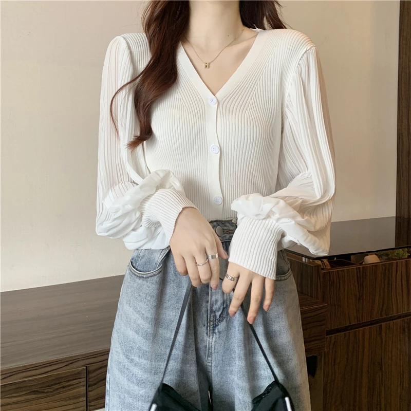 Women V Neck Long Sleeve Knitted Sweater Cardigan