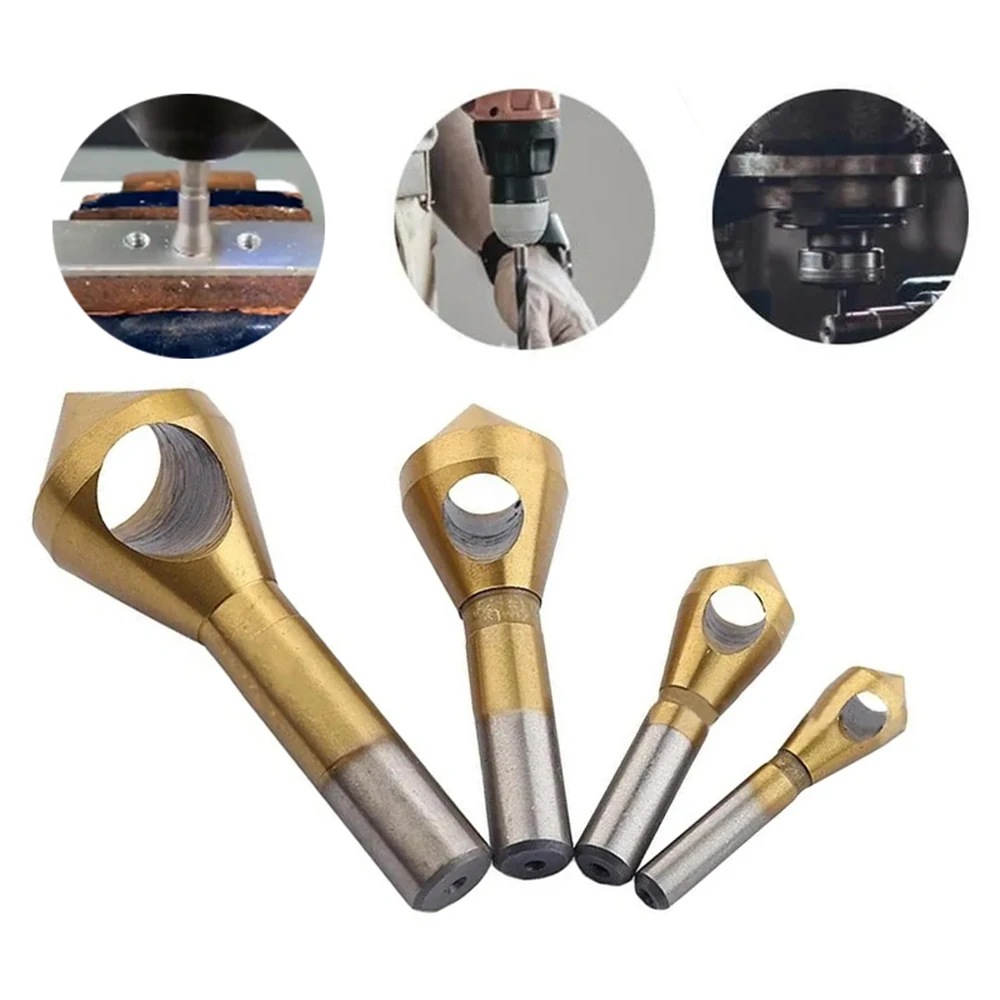 

4pcs Titanium-plated Oblique Hole Chamfer 90 Degree Single Hole Deburring Round Shank Countersink High Speed Steel Drill Bit