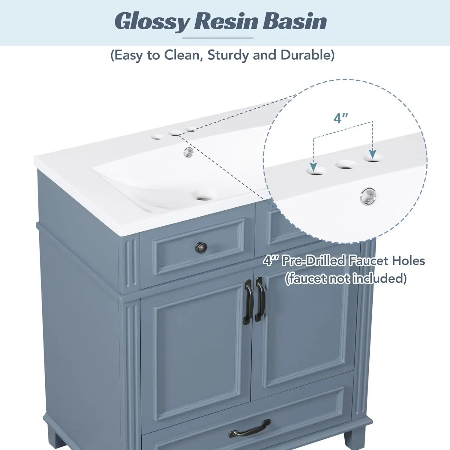 30" Bathroom Vanity Cabinet with USB Charging Port 2 Shallow Drawers 1 Deep Drawer 1 Door Single Resin Sink Modern Design Small
