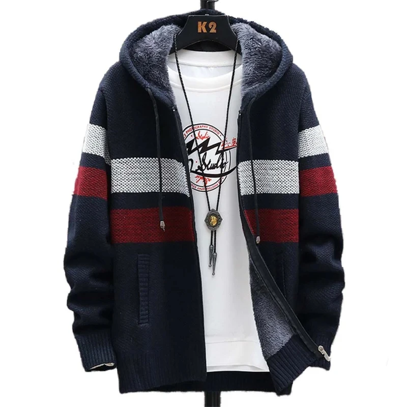 

New Winter Fleece Men Sweater Cardigan Hooded Knitted Print Sweatercoat Mens Casual Warm Cardigan Zipper Hooded Cardigan Men