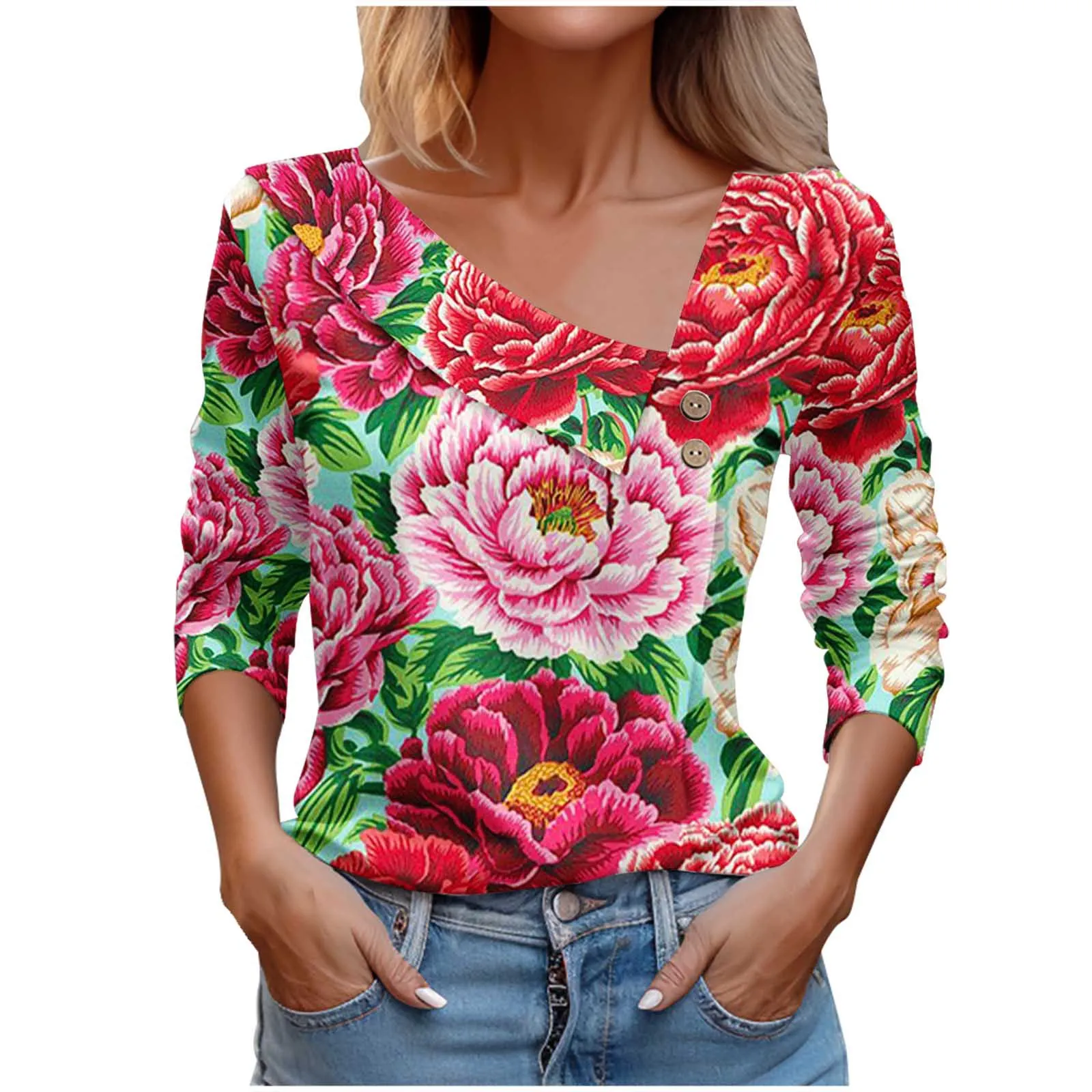 

Elegant Long Sleeved Green Large Red Flower Printed T-shirt For Women V Neck Elegant Office Lady Vintage Shirt Spring Tops Tees