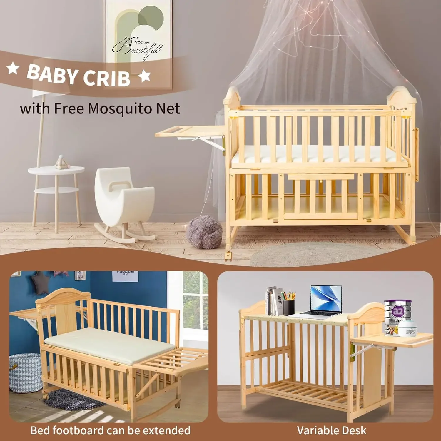 Mini Baby Cribs 4-in-1 Convertible - Cunas para Bebes with Changing Shelf and Mattress Included,2024 Wood Baby Bassinets Bedside 5