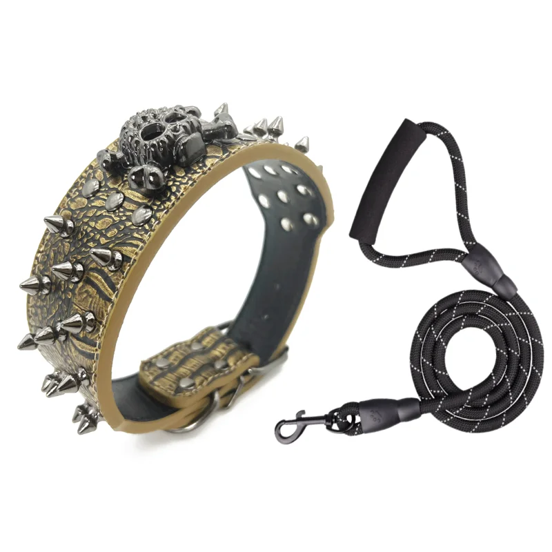 Spiked Studded Dog Collar with Traction Rope | Adjustable Anti-Bite Pet Necklace