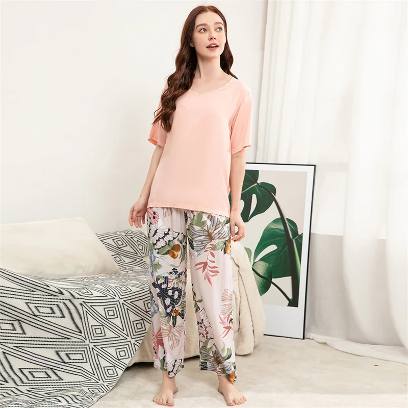 Summer Women's Thin Cotton Silk Pajamas Short Sleeve Pants Floral Home Clothing Set Oversized Casual Comfortable Nightwear