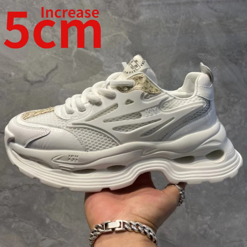 

Men's Dad's Shoes Increase 5cm Mesh Breathable Sports Leisure Shoes Thick Soles Lightweight Trendy Shoes Comfortable White Shoes