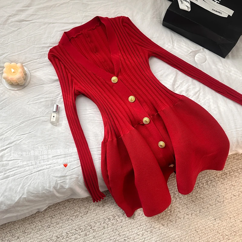 New Women Knitted Elegant V-neck Mini Dress Winter Long Sleeve Korean Single Breasted Sexy Party Ball Gown Dresses Super Short 5