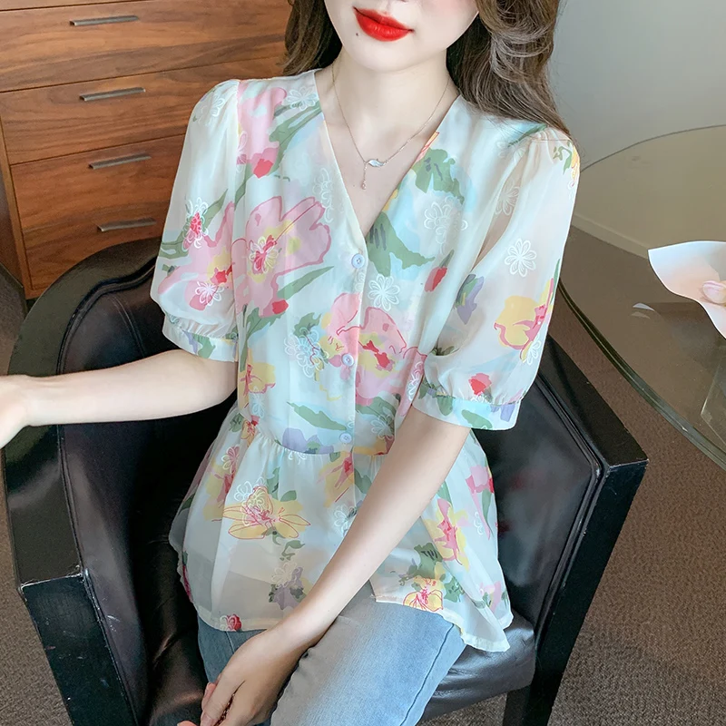 

Summer Chiffon Printed Blouse V-neck Short Sleeves for Sweet Girls