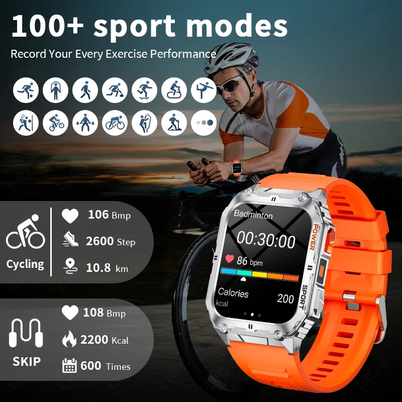 LIGE 1.91 inch HD Screen Smart Watch With Led Lighting IP68 Waterproof Outdoor Sports Health Monitor Smartwatch For Android IOS