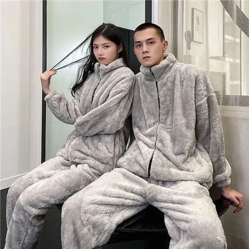 

Elastic Warm Thick Flannel Pyjamas 2pcs/set Sleep Homewear Soft Fleece Couple Simple Men's Pajama 2023 Women Pyjama Winter Waist