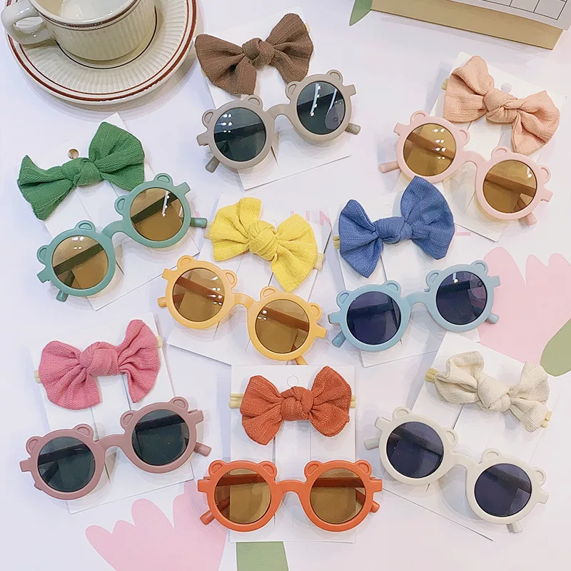 

2Pcs Kids Bow Headband Round Sunglasses Set Children Vintage Sun Glasses Protection Glasses Baby Hair Accessories