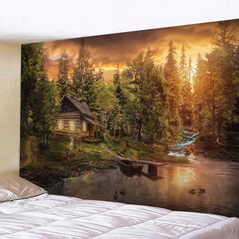Natural forest waterfall cloud tapestry Bohemian garden home wall decoration tapestry Art mural