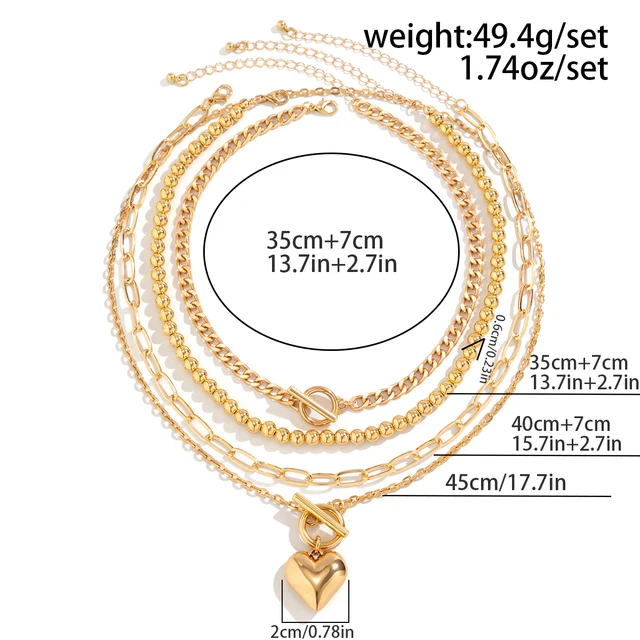 4Pcs/Set Punk Gold Color Heart Pendant Necklace 4