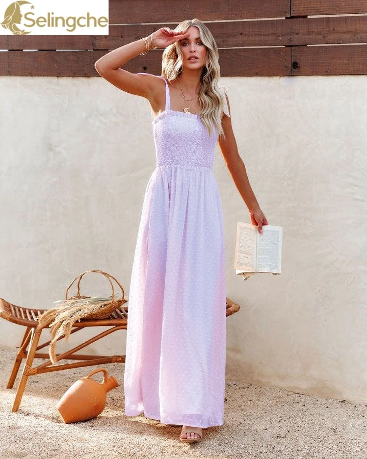 

2024 Summer New European and American Women's Vacation Style Sling Strap Chiffon Garry Material Long Dress