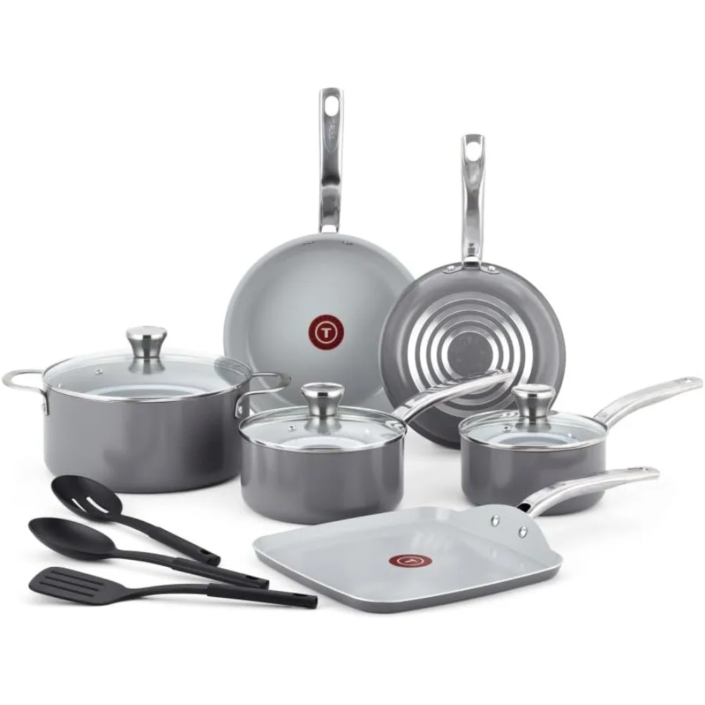 T-fal Fresh Gourmet Recycled Ceramic Non Stick Cookware Set 12 Piece, Oven Broiler Safe 500F, Lid Safe 350F, Kitchen Cooking Set