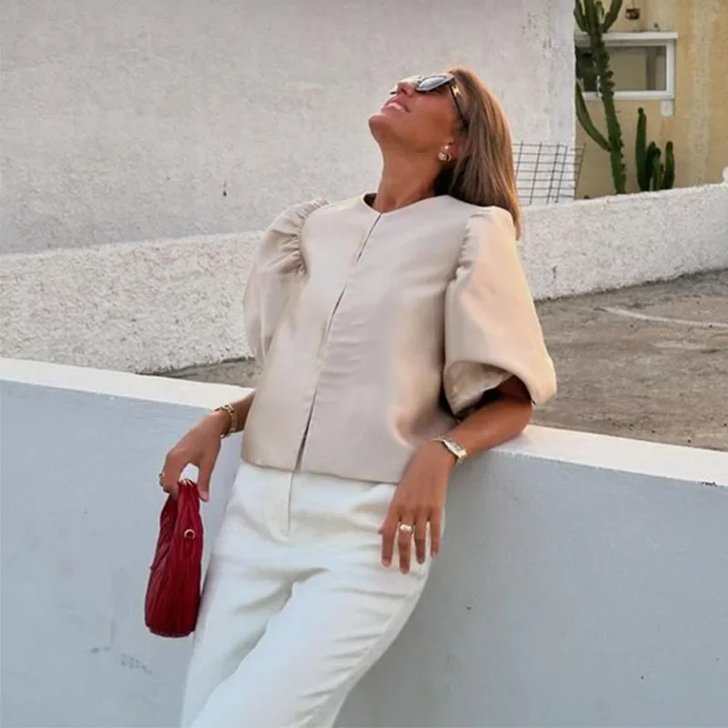 Elegant Satin Puff Short Sleeve Top Women Loose Solid Buckle O-neck Shirts Female 2025 Spring Summer Fashion Office Lady Outwear