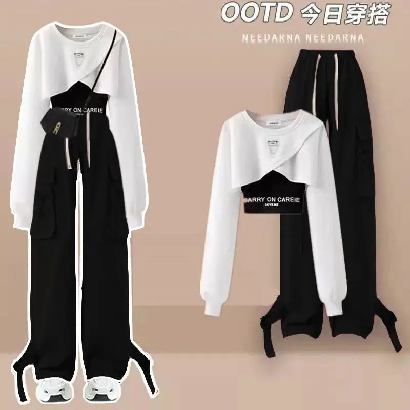 Spring and Autumn Work Style Set for Women's Korean Loose Design Top+suspender+Work Wide Leg Pants Three Piece Set